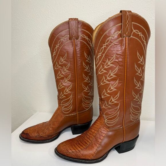 Tony Lama Vintage Black Gold Label Cowgirl Floral Boots Size 6C Lizard Vamp - Picture 1 of 8